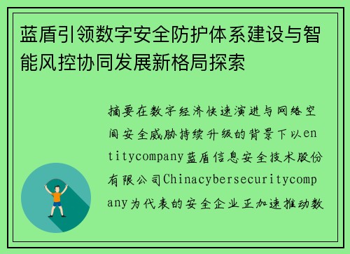 蓝盾引领数字安全防护体系建设与智能风控协同发展新格局探索